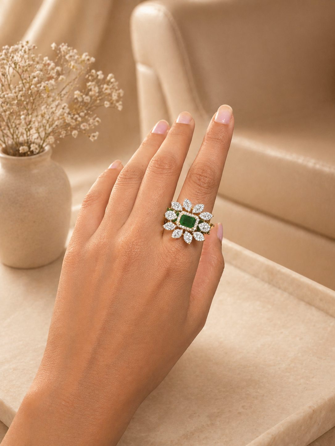 Adjustable Emerald Green Stone Statement Ring with Diamond Look Floral Design
