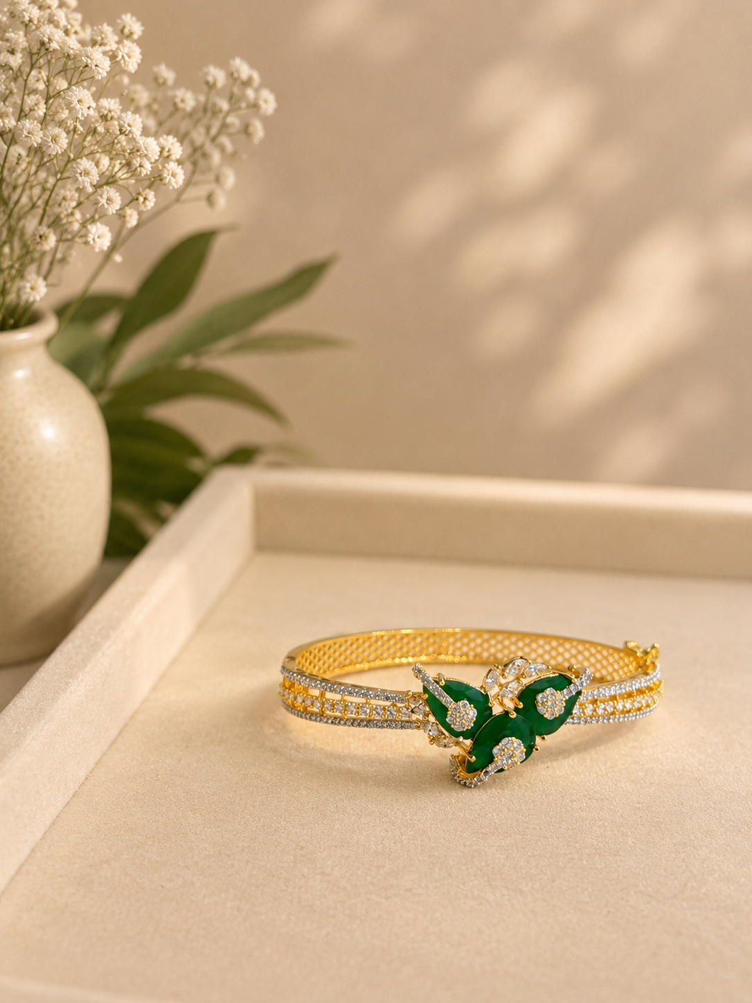 Emerald Butterfly Diamond Look Bracelet | Green Stone Designer Open Kada