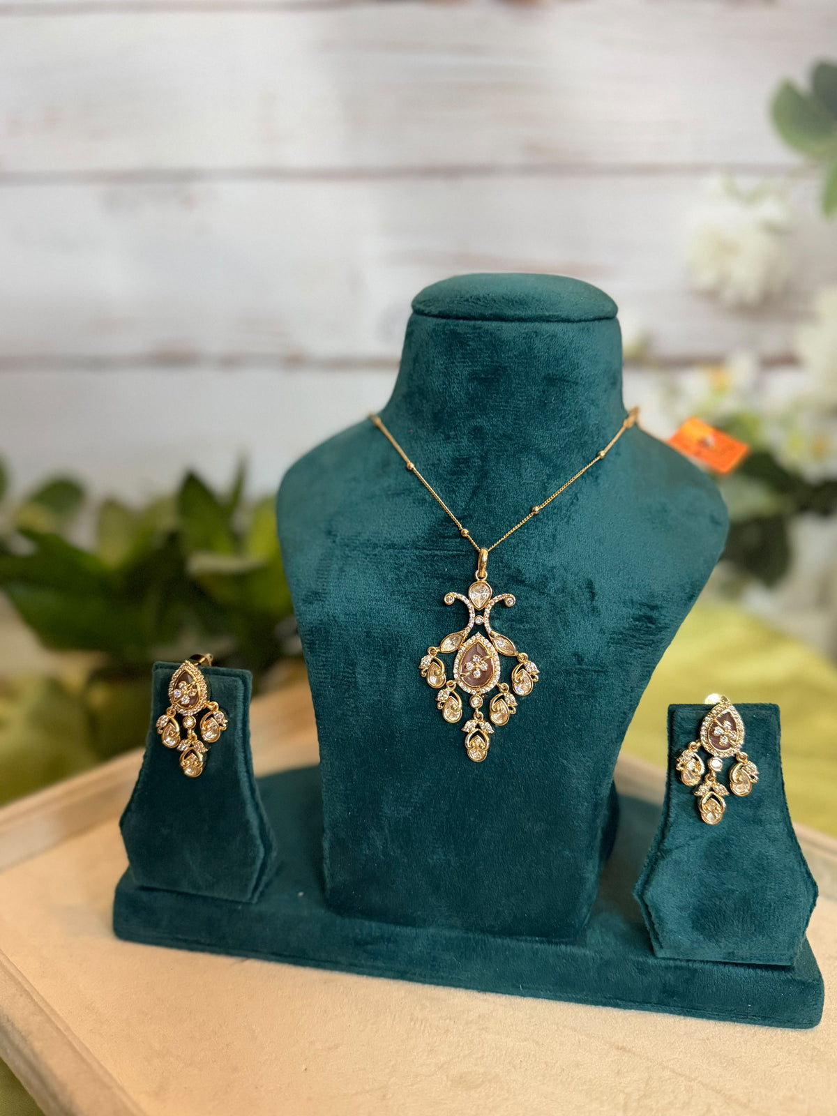 Diamond Look Pendant Necklace Set with Matching Earrings