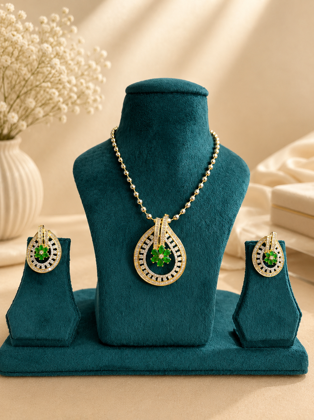 Green Floral Pendant Necklace Set for Women | Designer Party Wear Jewellery