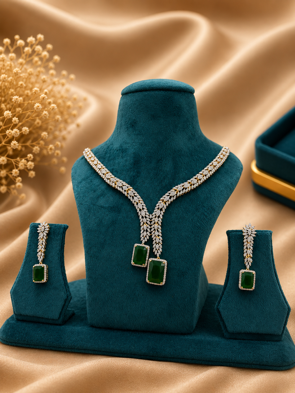 Emerald Green American Diamond Y Necklace Set with Matching Earrings | Luxury Designer Jewellery