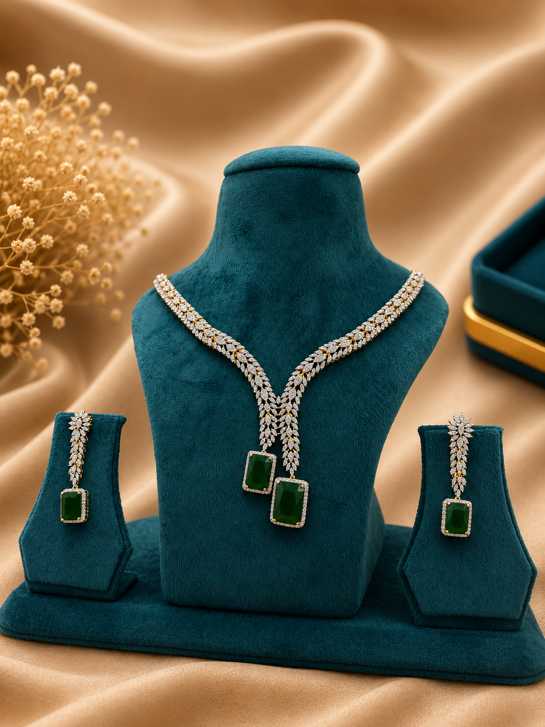 Emerald Green American Diamond Y Necklace Set with Matching Earrings | Luxury Designer Jewellery