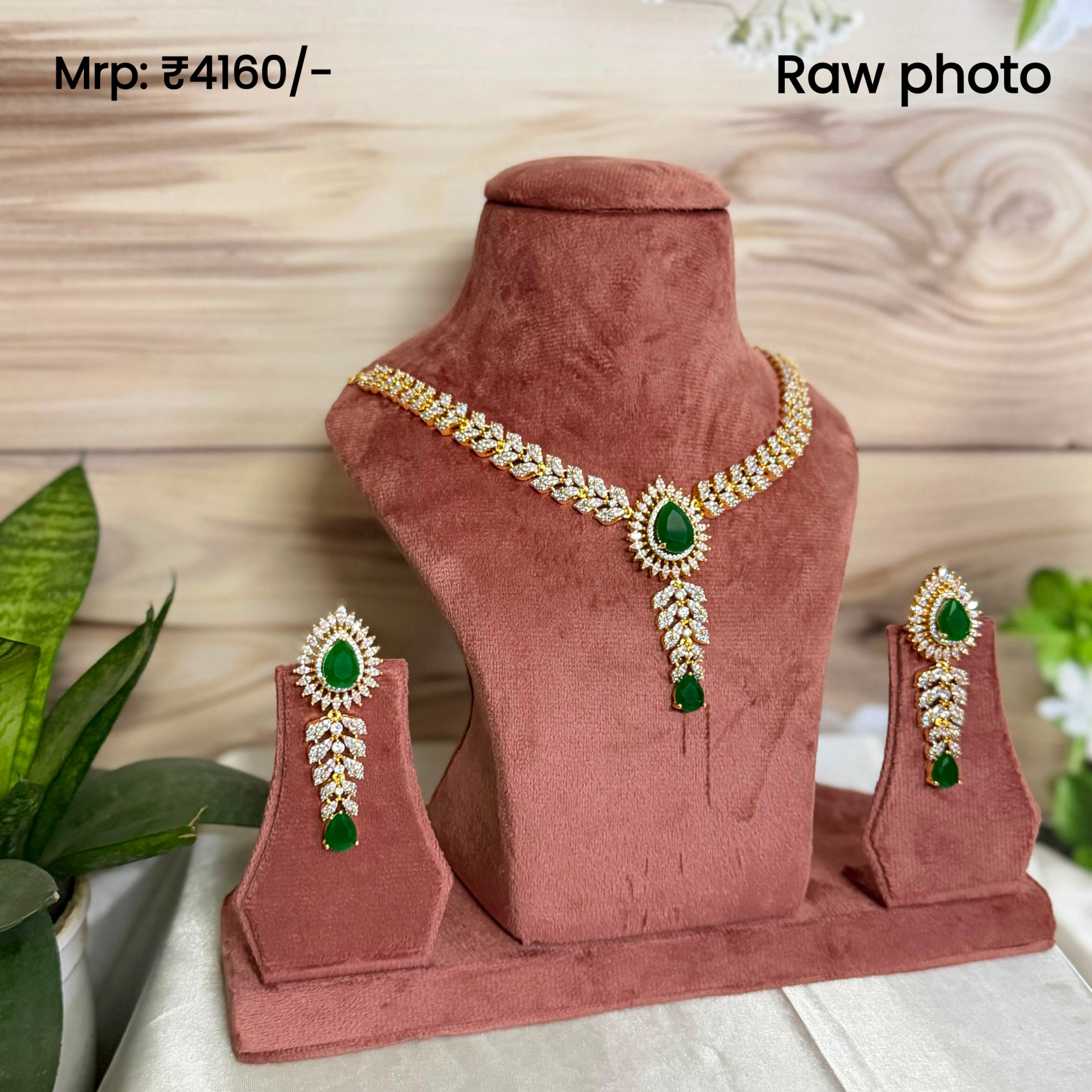 Emerald Drop Diamond Look Necklace Set | Green Stone American Diamond Jewellery
