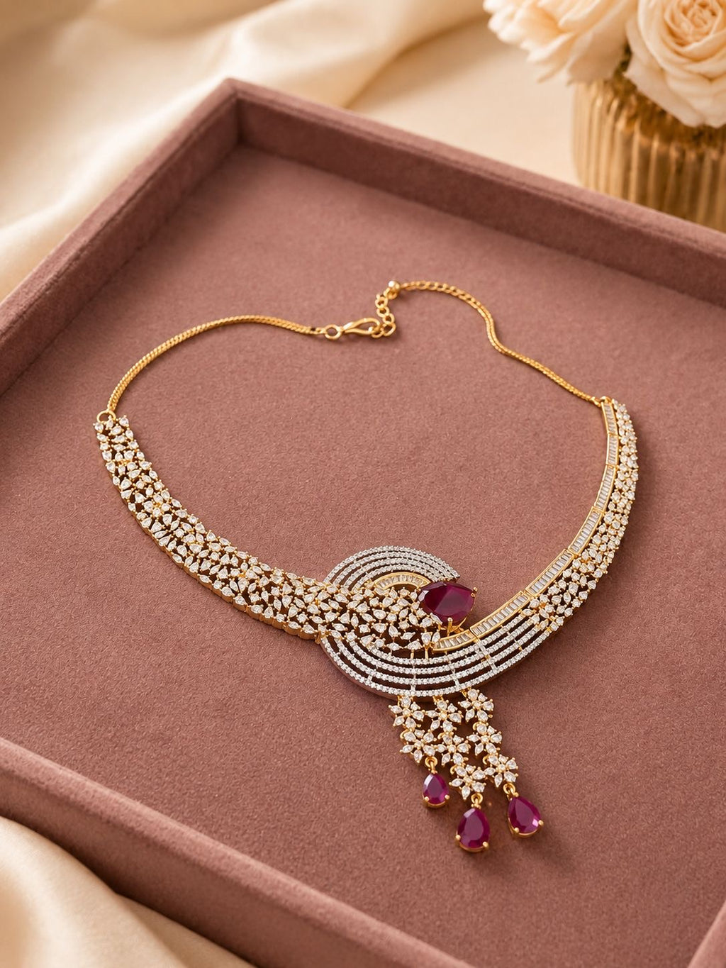 Ruby Drop Diamond Statement Necklace Set