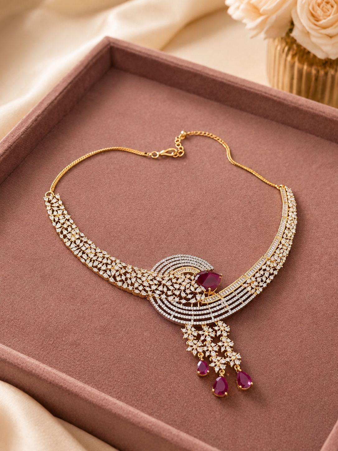 Ruby Drop Diamond Statement Necklace Set