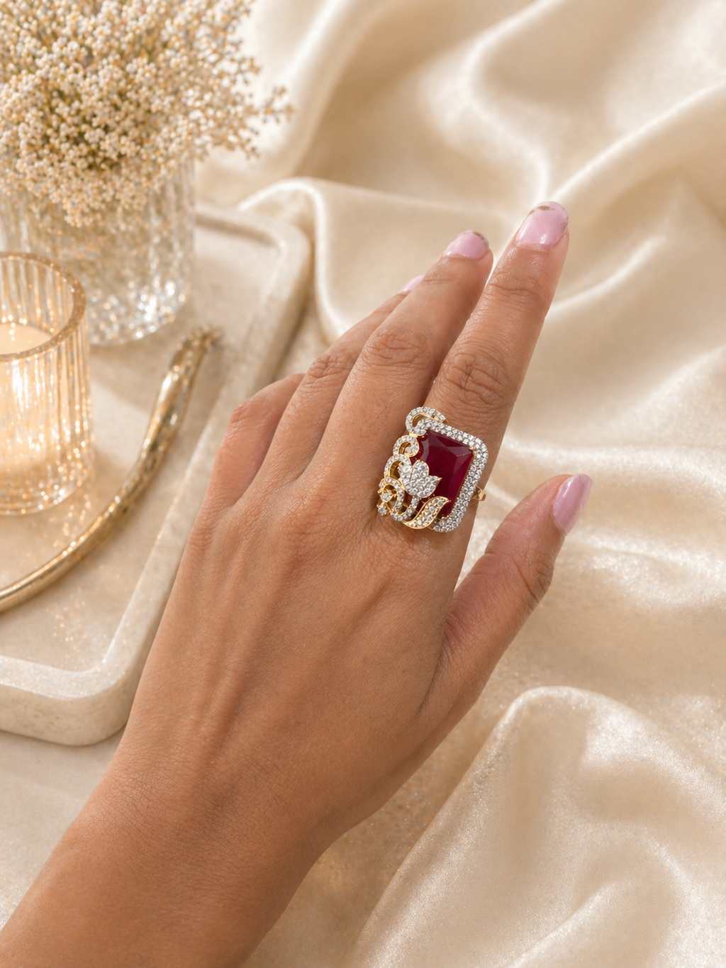 Ruby Stone Statement Cocktail Ring with Diamond Look Detailing
