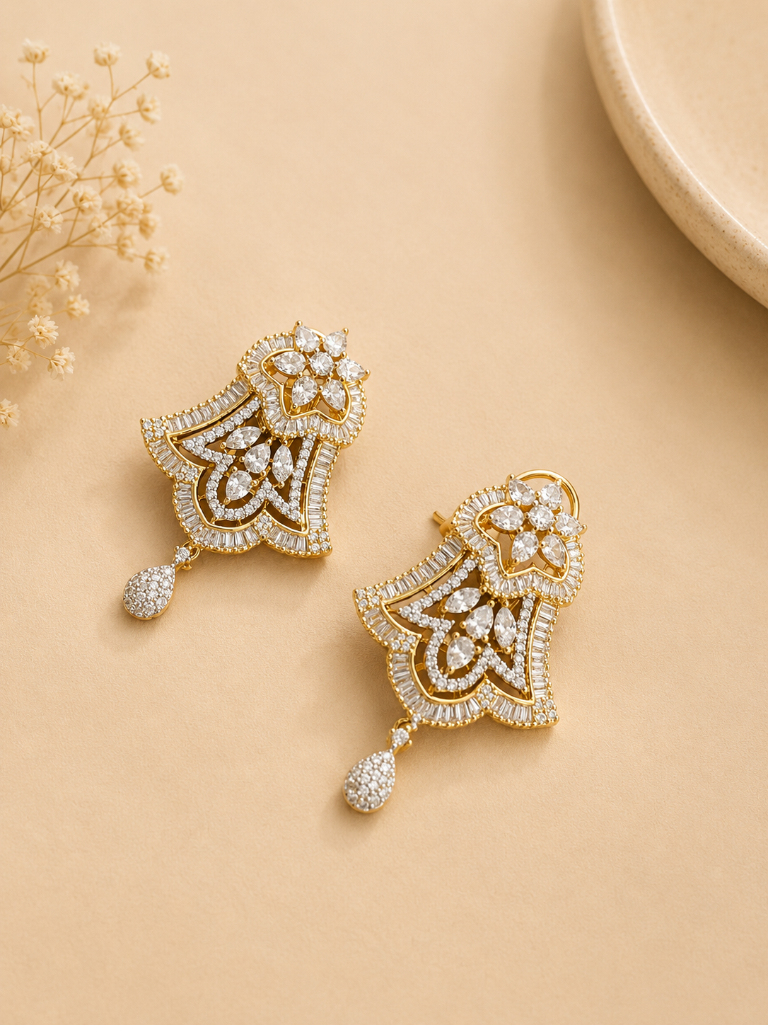 Pearl American Diamond Pendant Necklace Set with Earrings | Elegant Statement Jewellery