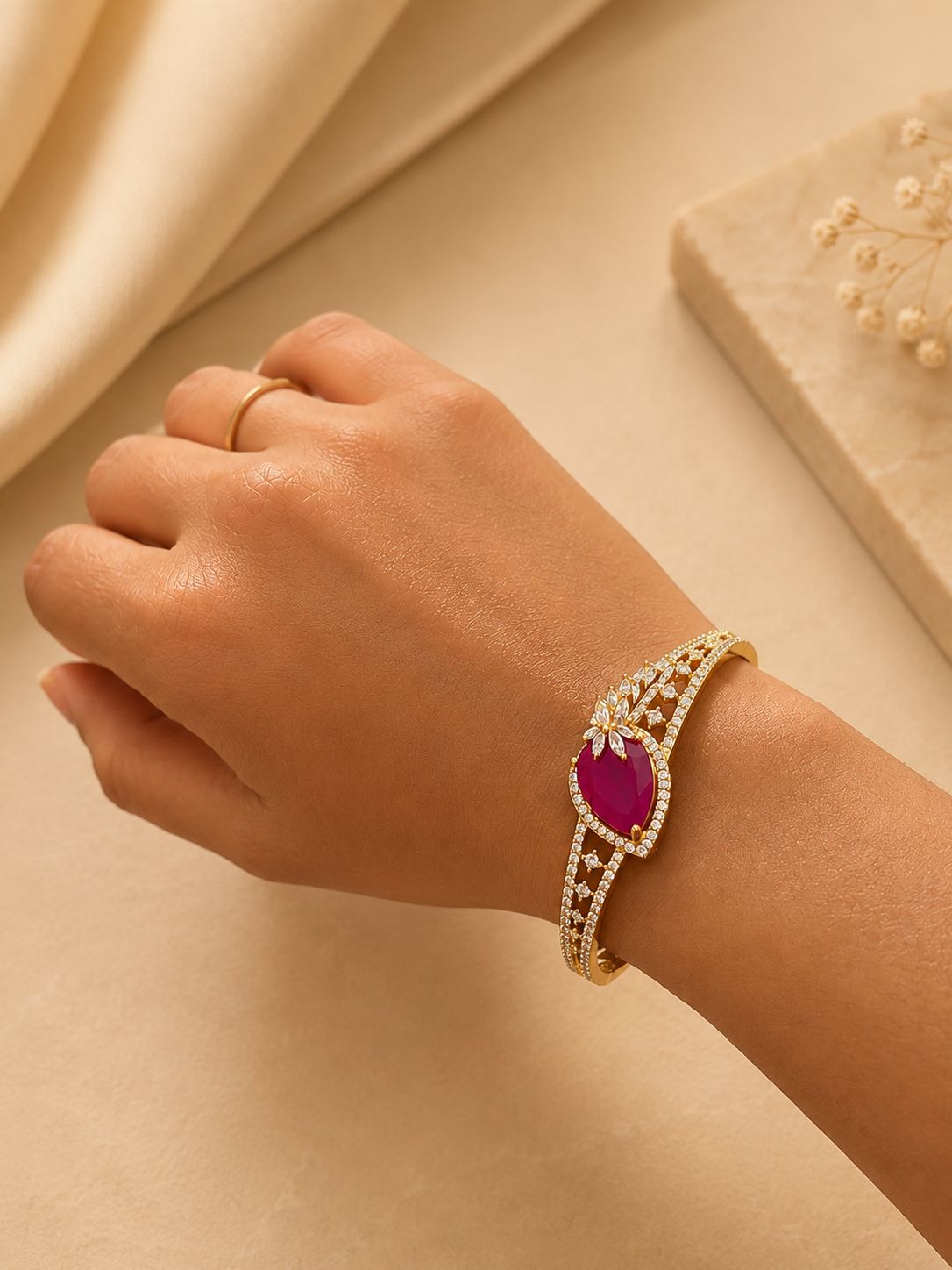 Ruby Stone Diamond Leaf Design Bangle Bracelet