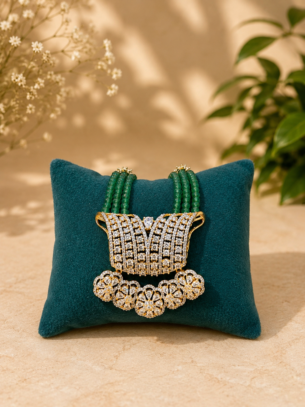 Emerald Beaded Diamond Pendant Set | Luxury Green Bead Necklace