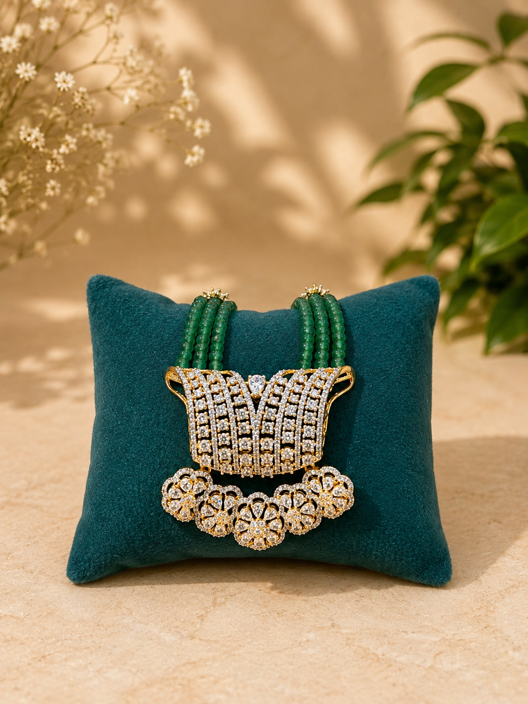 Emerald Beaded Diamond Pendant Set | Luxury Green Bead Necklace