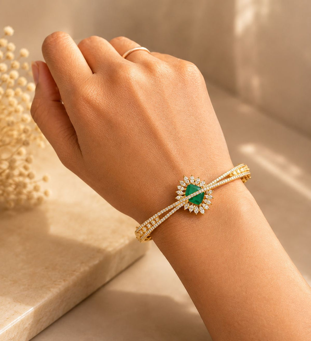 Emerald Diamond Minimal Open Bangle Bracelet