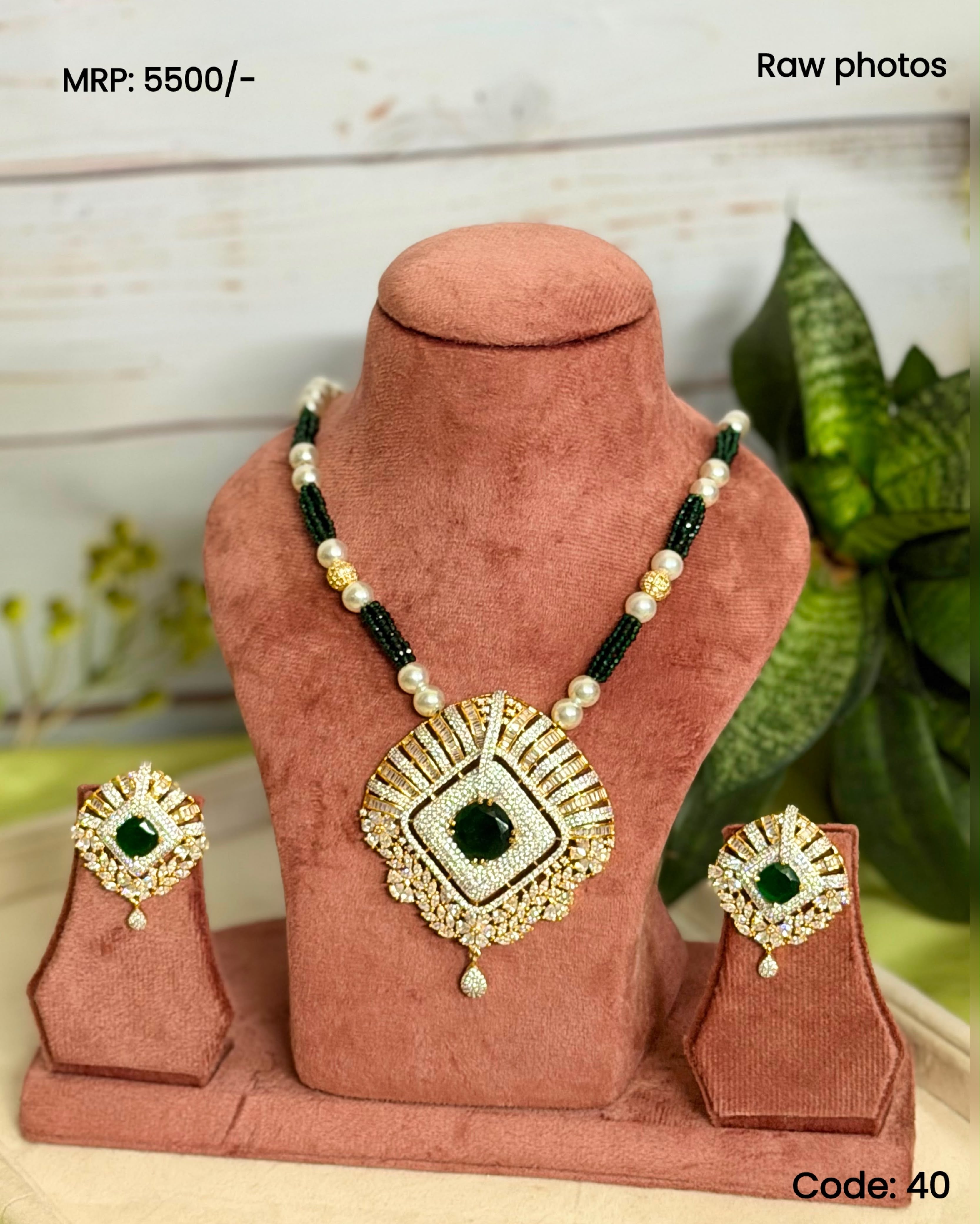 Emerald Diamond Pendant Set | Green Beaded Necklace Set | Anti Tarnish Jewellery