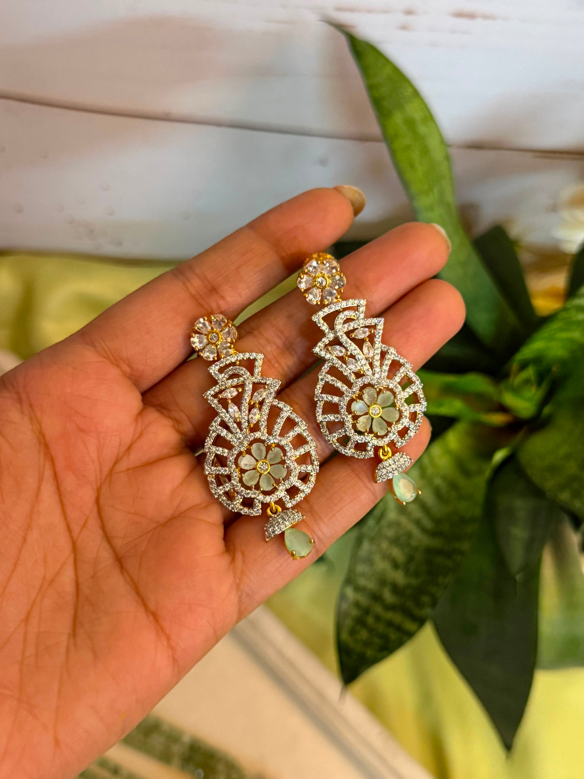 Green Pearl Floral Statement Necklace Set | Gold-Tone CZ Jewellery