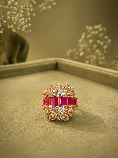 Adjustable Ruby Band Statement Ring with Diamond Look Floral Detailing