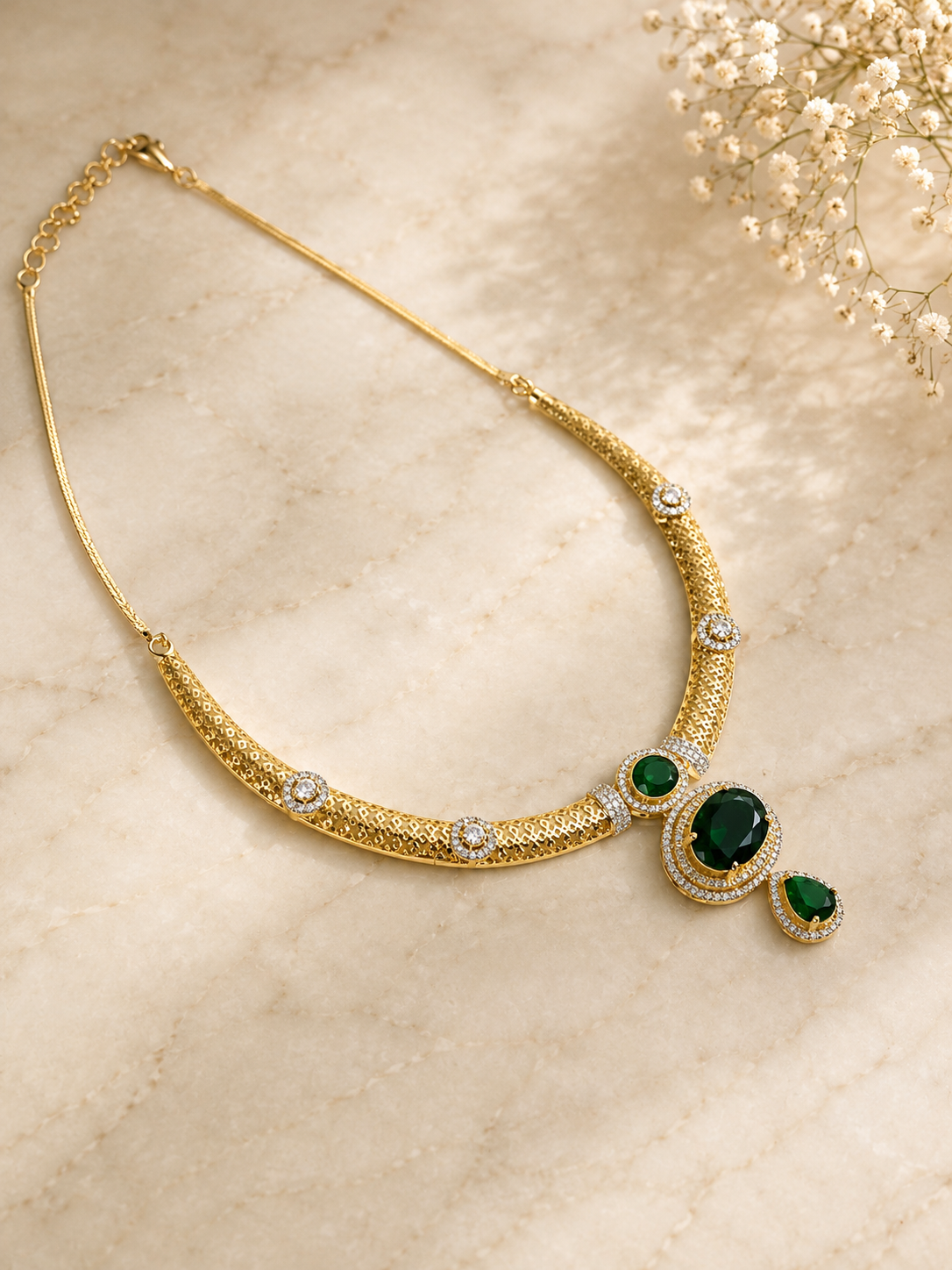 Emerald Royale Pendant Necklace Set | Green Stone Diamond Look Jewellery