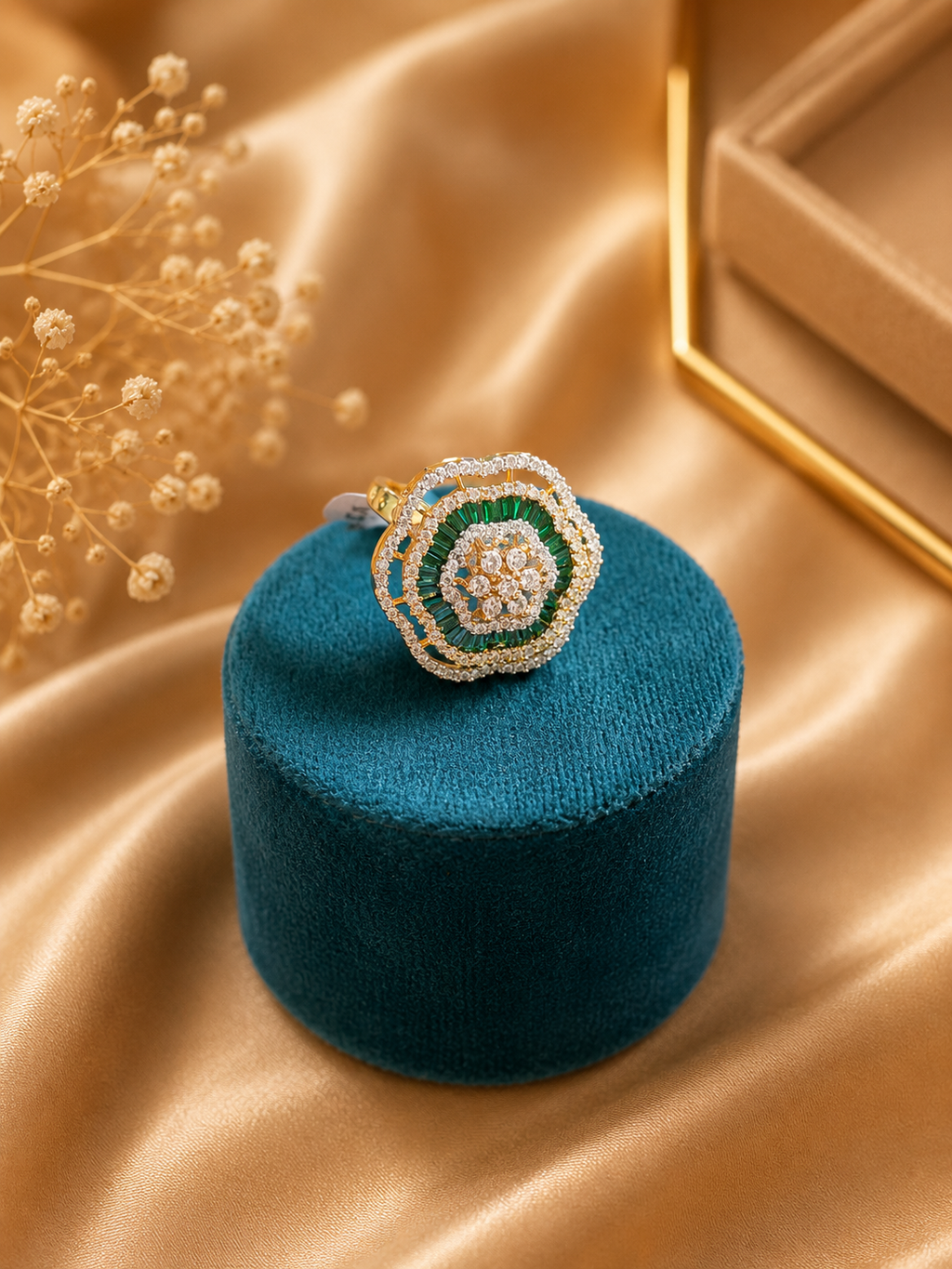 Emerald Green Floral Statement Ring | American Diamond Designer Cocktail Ring for Women