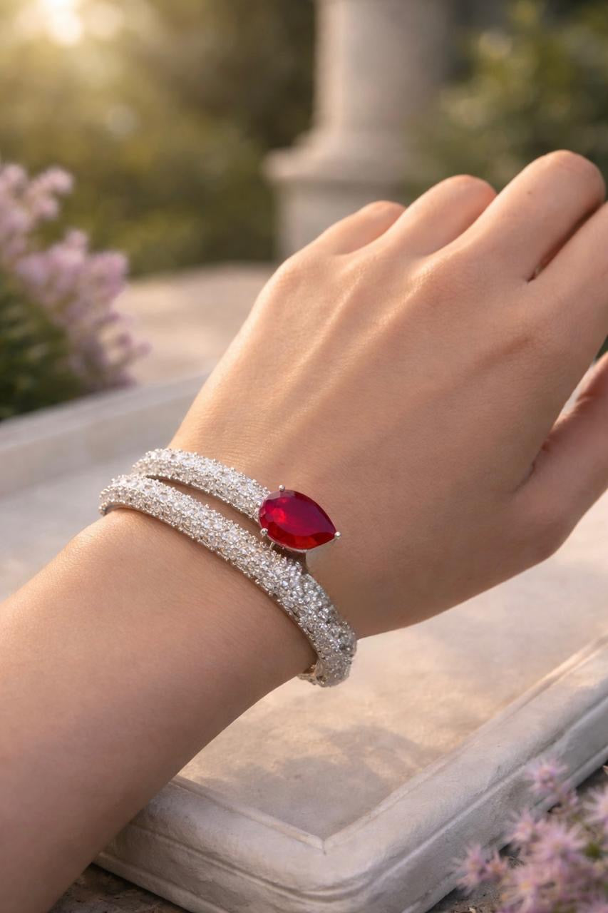 Adjustable Ruby Stone Statement Bracelet with Diamond Look Finish