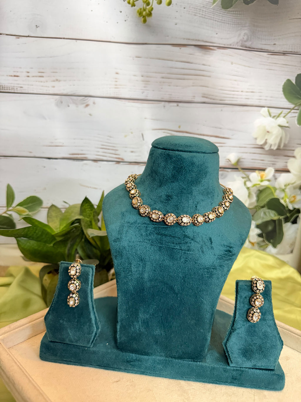 Polki Look Floral Choker Necklace Set with Matching Earrings