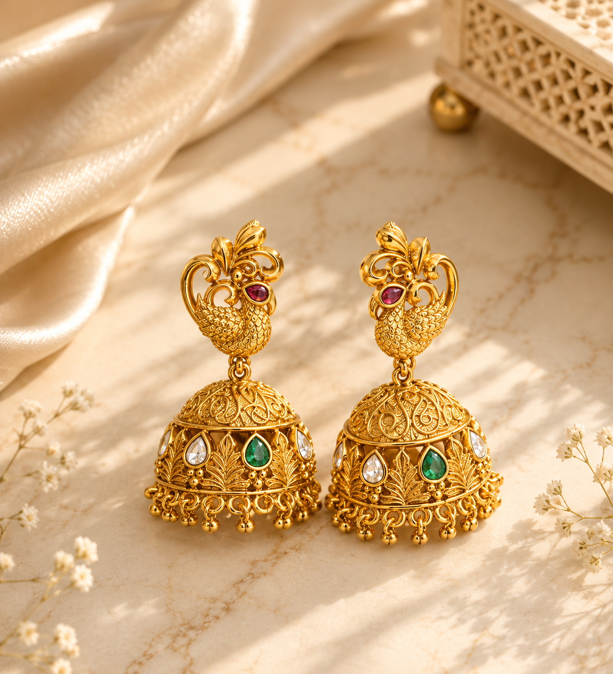 Ganesha Temple Jewellery Long Necklace Set with Pearl Strings & Earrings