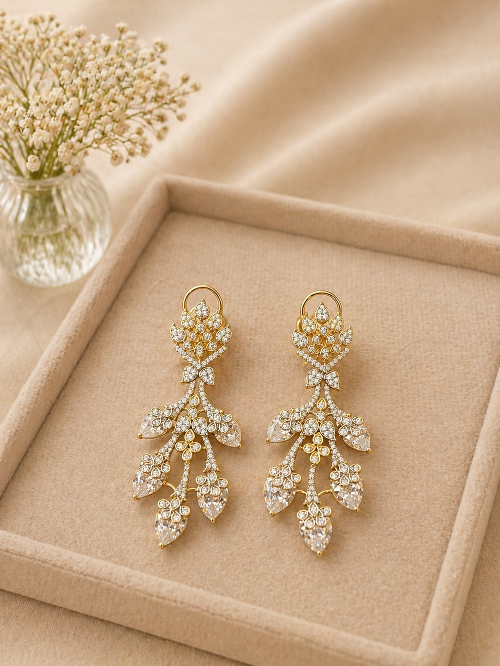 Gold Plated American Diamond Floral Necklace Set with Cascading Drop Earrings