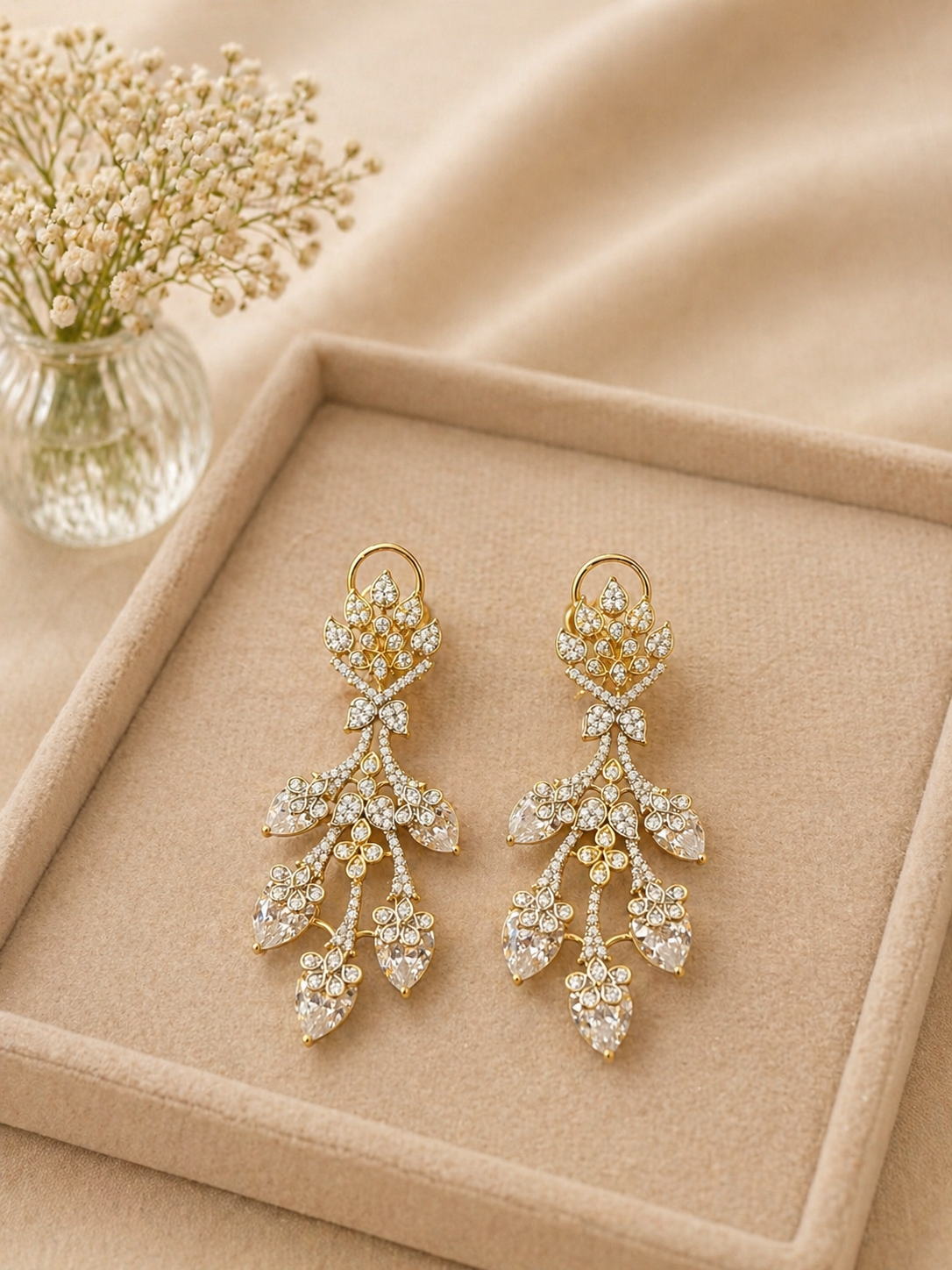 Gold Plated American Diamond Floral Necklace Set with Cascading Drop Earrings