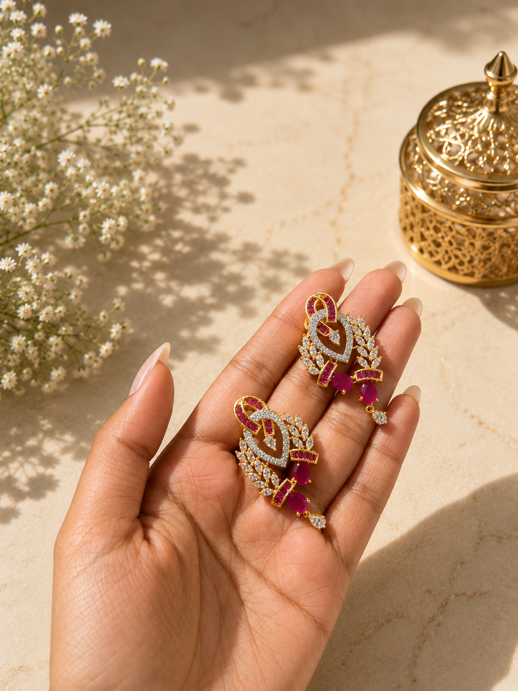 Ruby Beaded Diamond Pendant Necklace Set | Pearl & Ruby Premium Anti Tarnish Jewellery