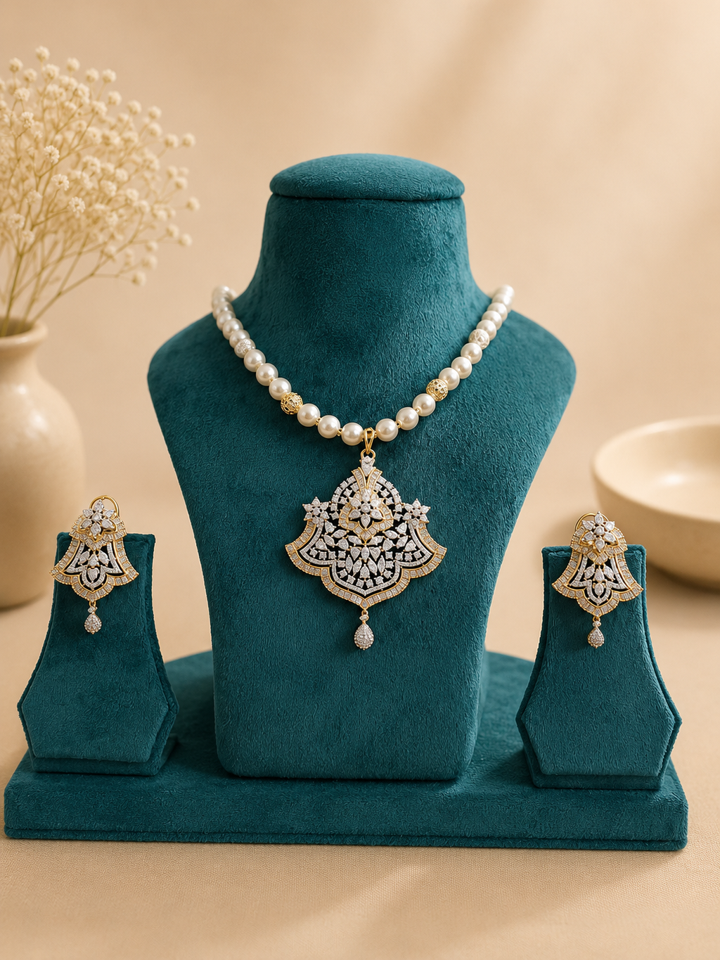 Pearl American Diamond Pendant Necklace Set with Earrings | Elegant Statement Jewellery