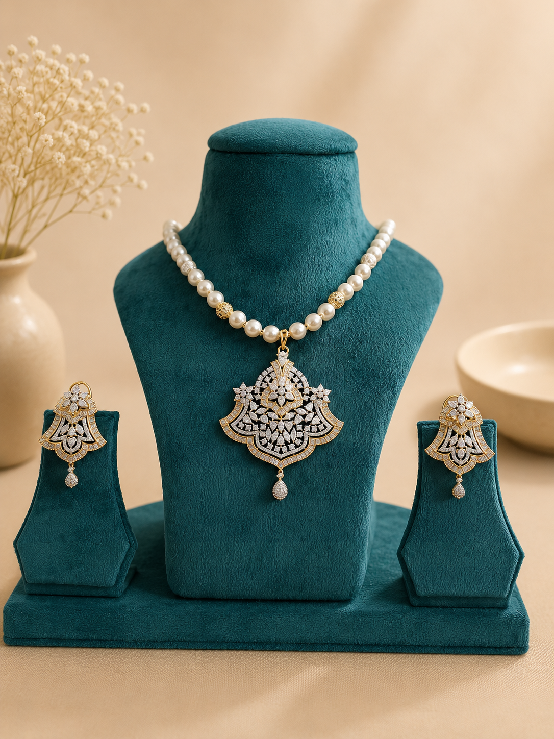 Pearl American Diamond Pendant Necklace Set with Earrings | Elegant Statement Jewellery