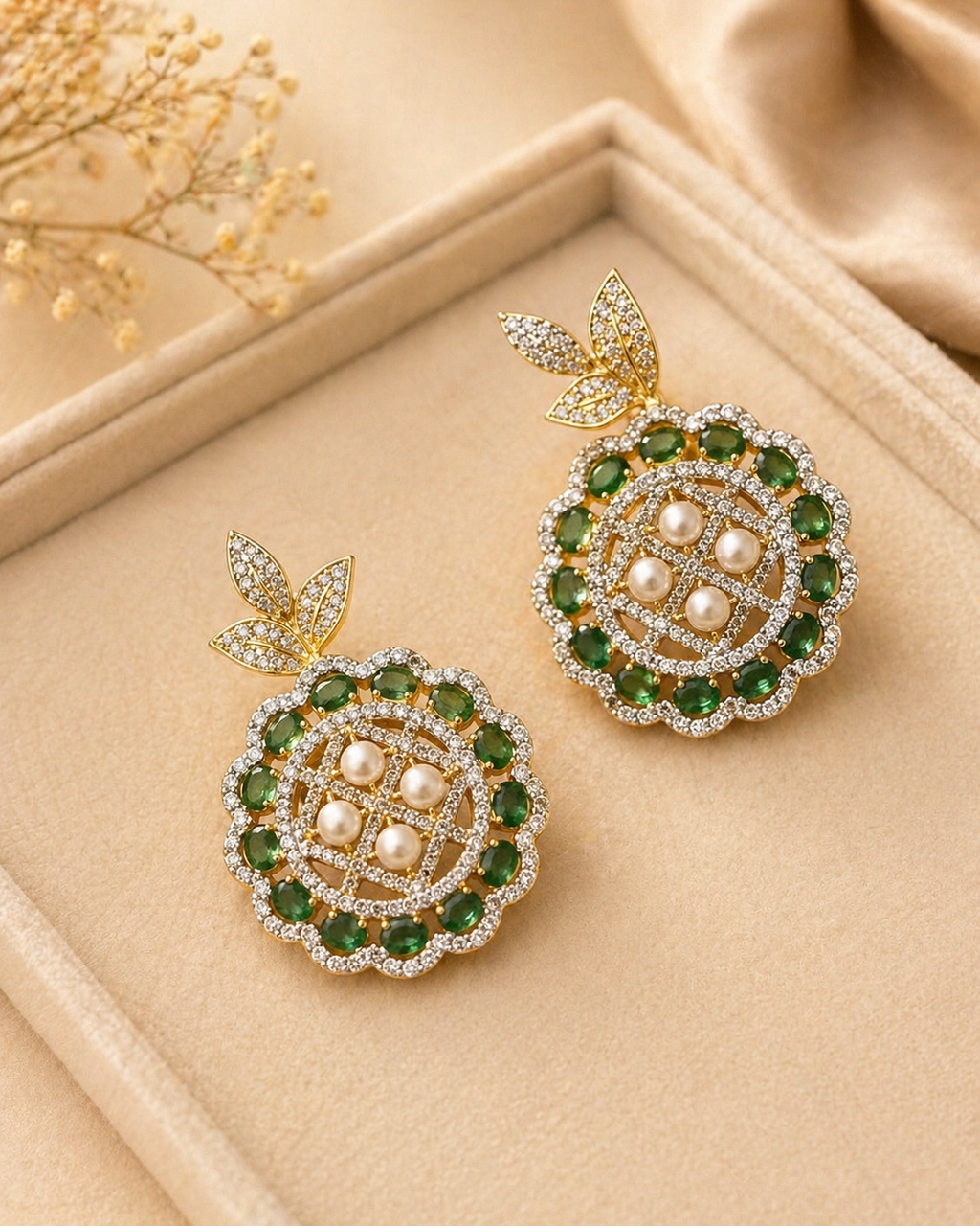 Multi Strand Green Beaded Necklace Set with Pearl and Kundan Detailing