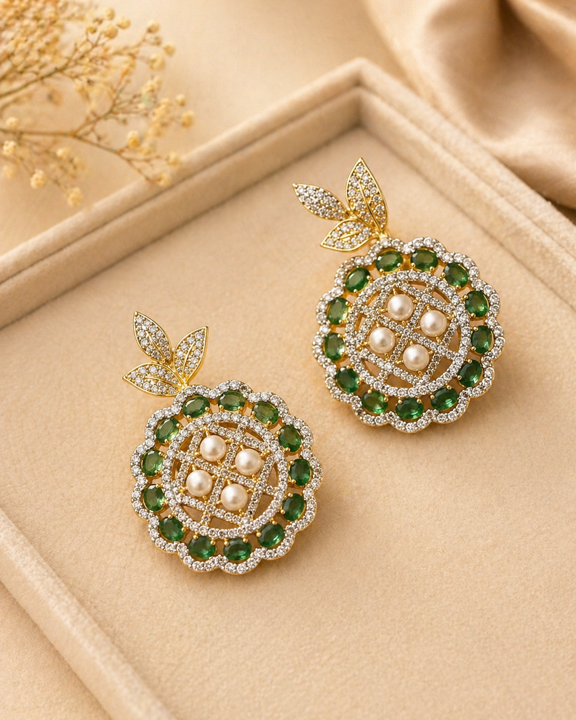 Multi Strand Green Beaded Necklace Set with Pearl and Kundan Detailing