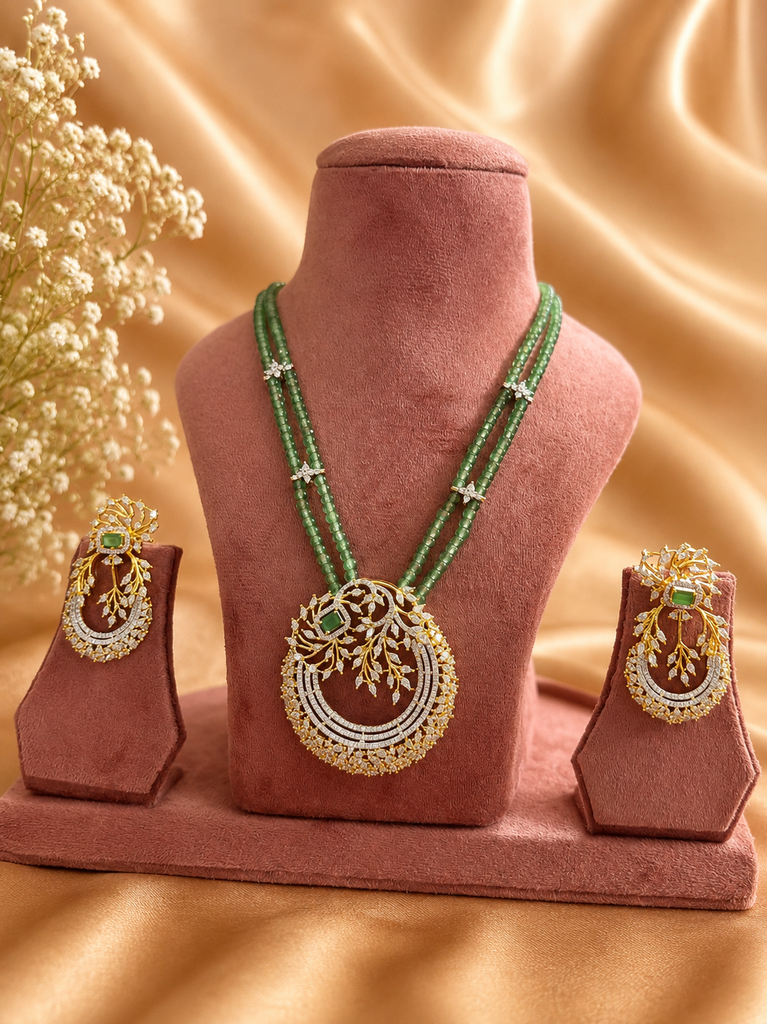 Green Beaded American Diamond Pendant Necklace Set with Matching Earrings | Luxury Designer Jewellery