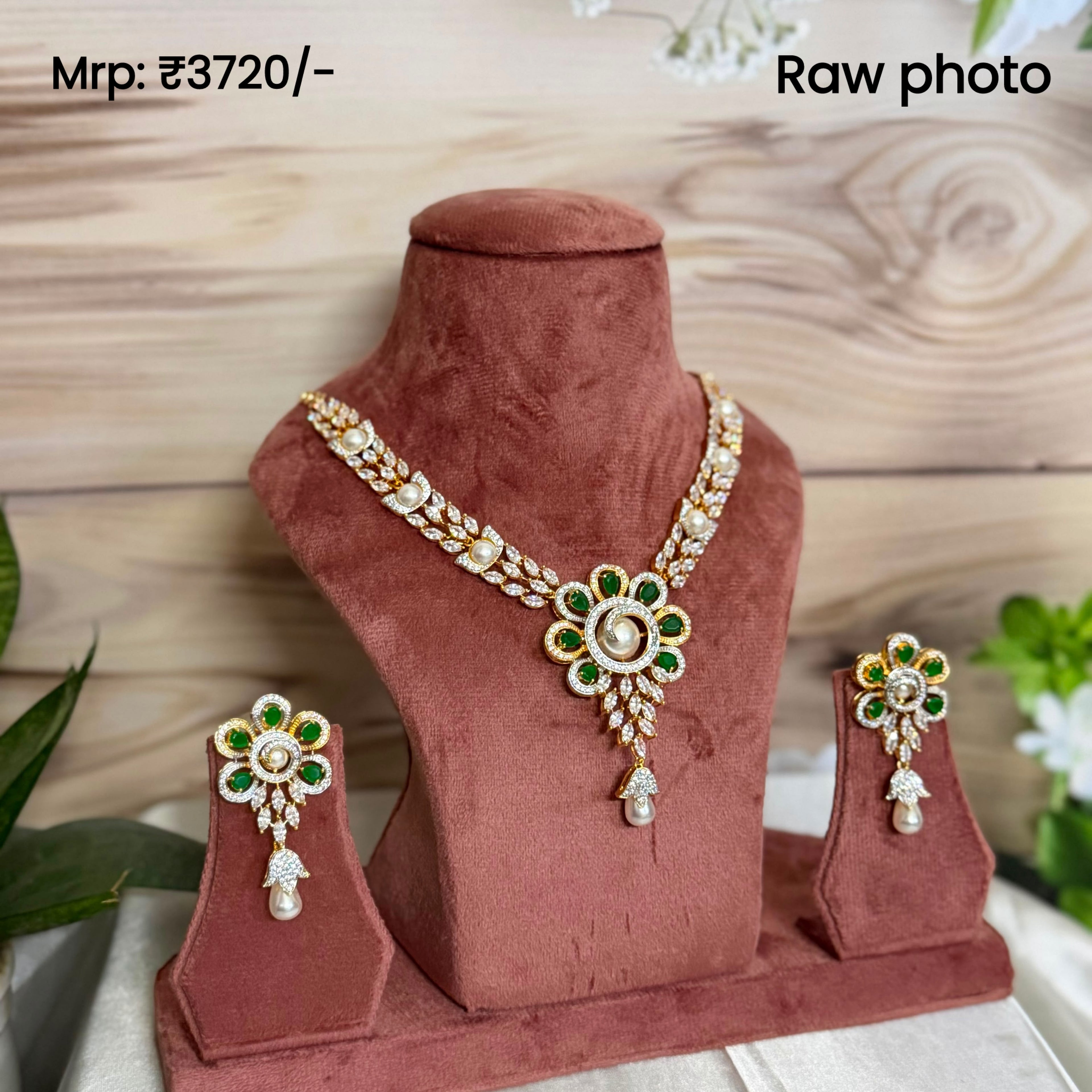 Emerald Pearl Floral Necklace Set | Green Stone Diamond Look Jewellery