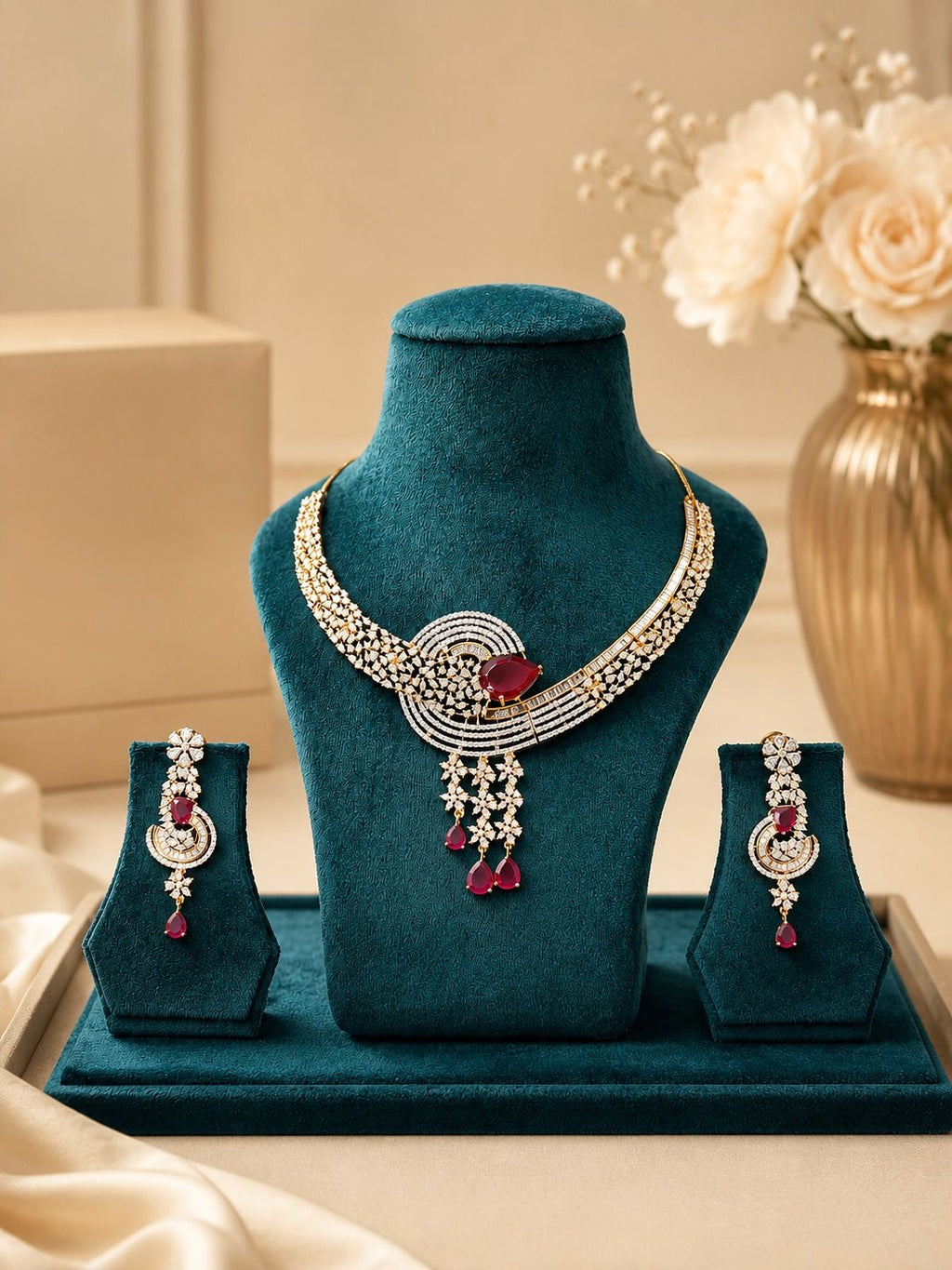 Ruby Drop Diamond Statement Necklace Set