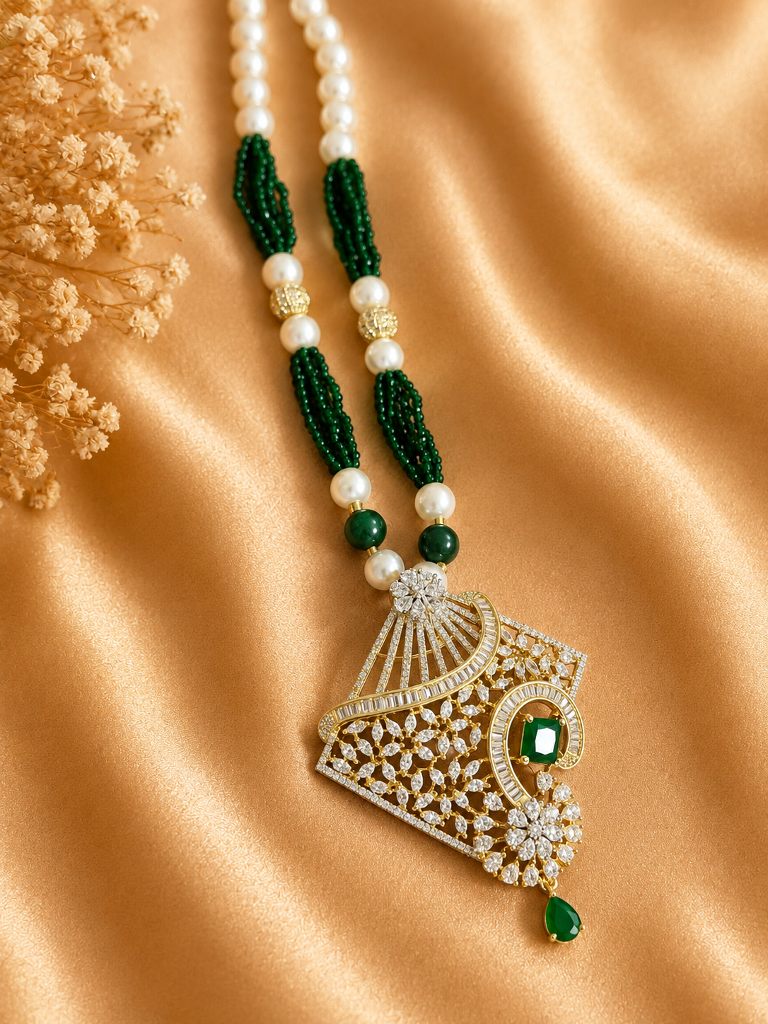Green Beaded American Diamond Pendant Necklace Set with Matching Earrings | Designer Emerald Party Wear Jewellery