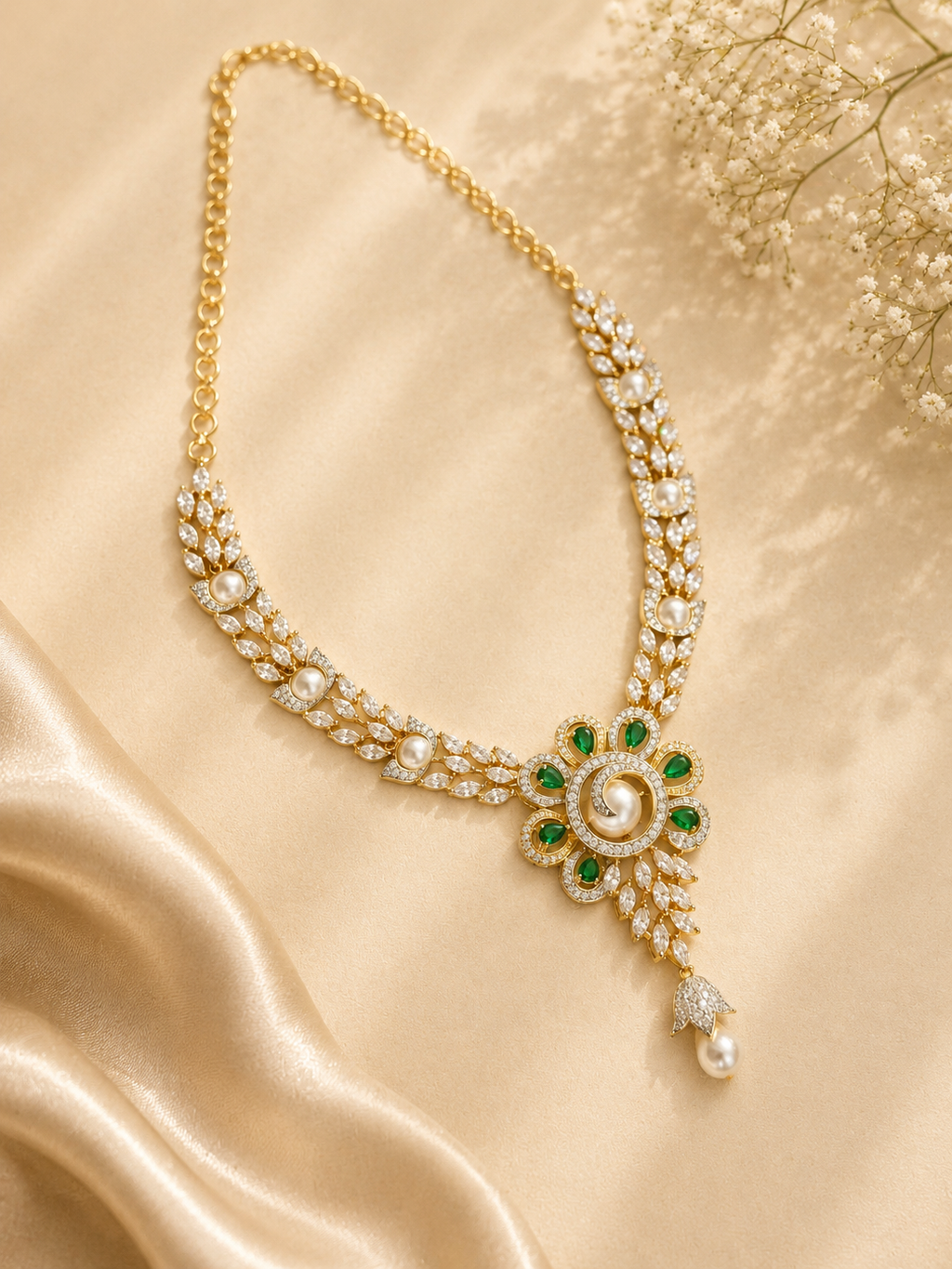 Emerald Pearl Floral Necklace Set | Green Stone Diamond Look Jewellery