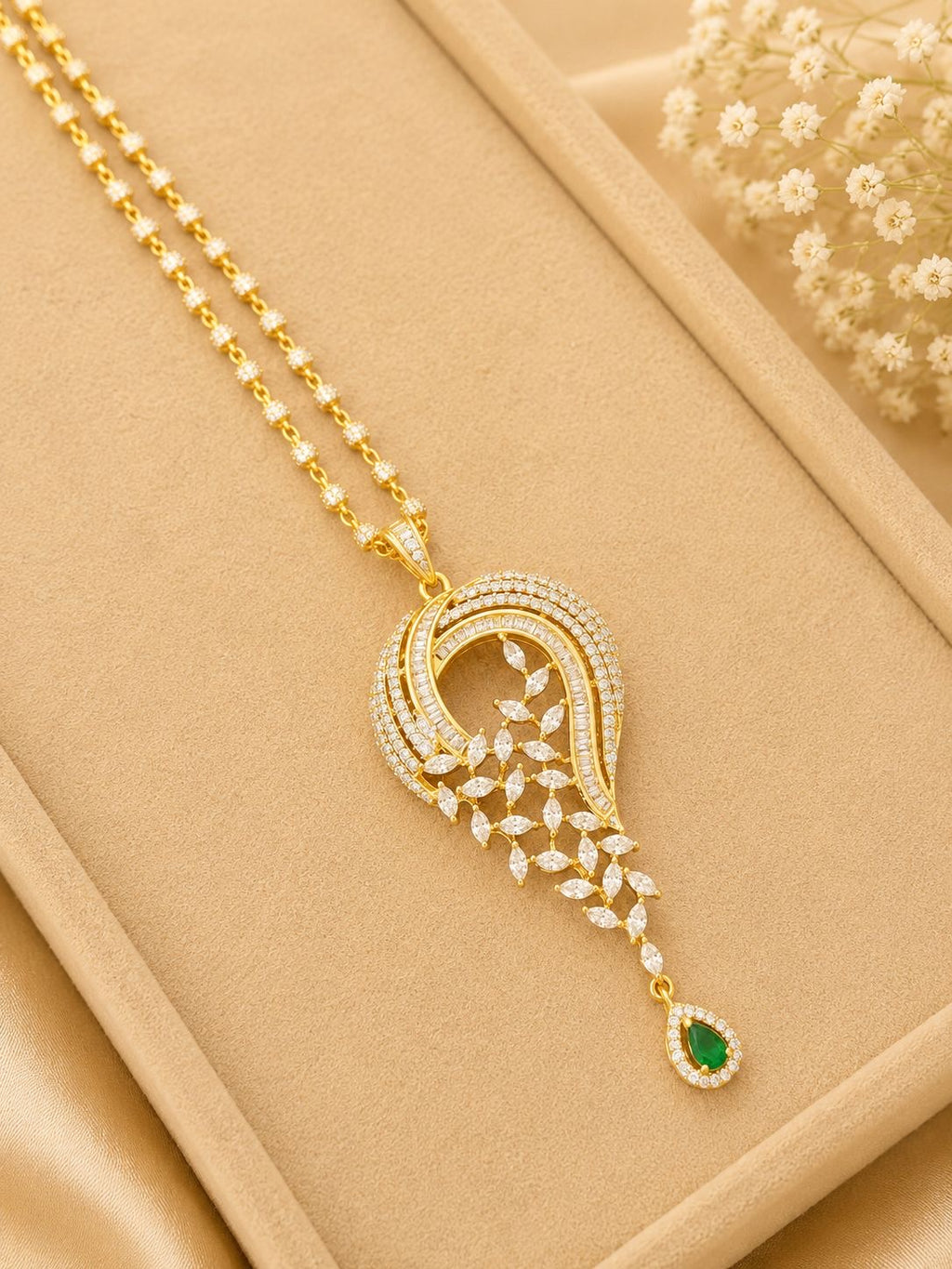 Paisley Diamond Pendant Necklace Set with Emerald Drops