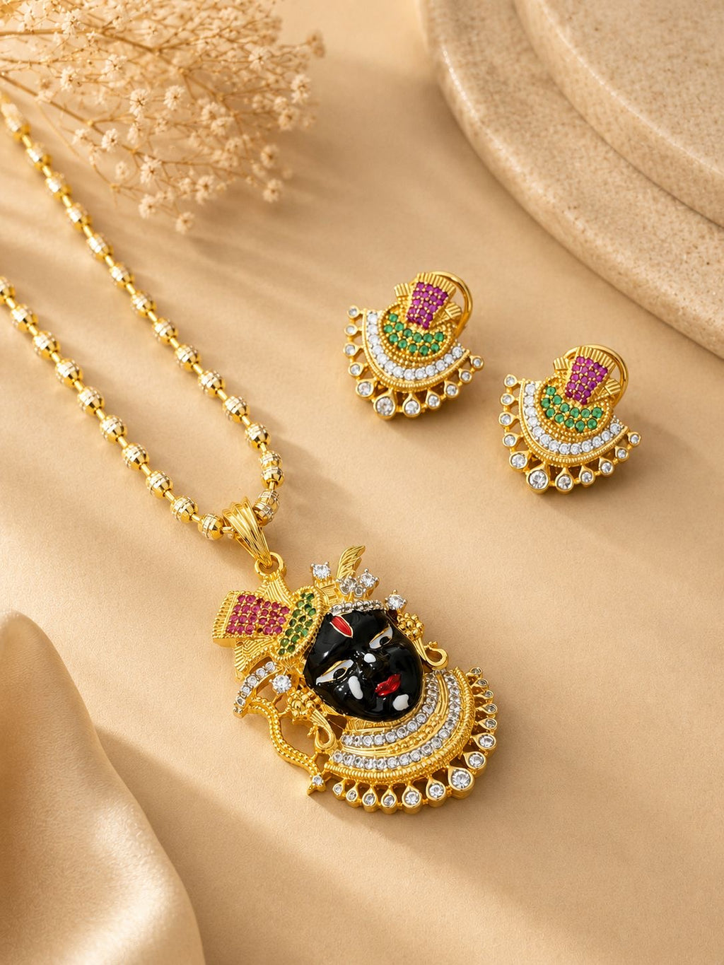 Krishna Face Pendant Necklace Set