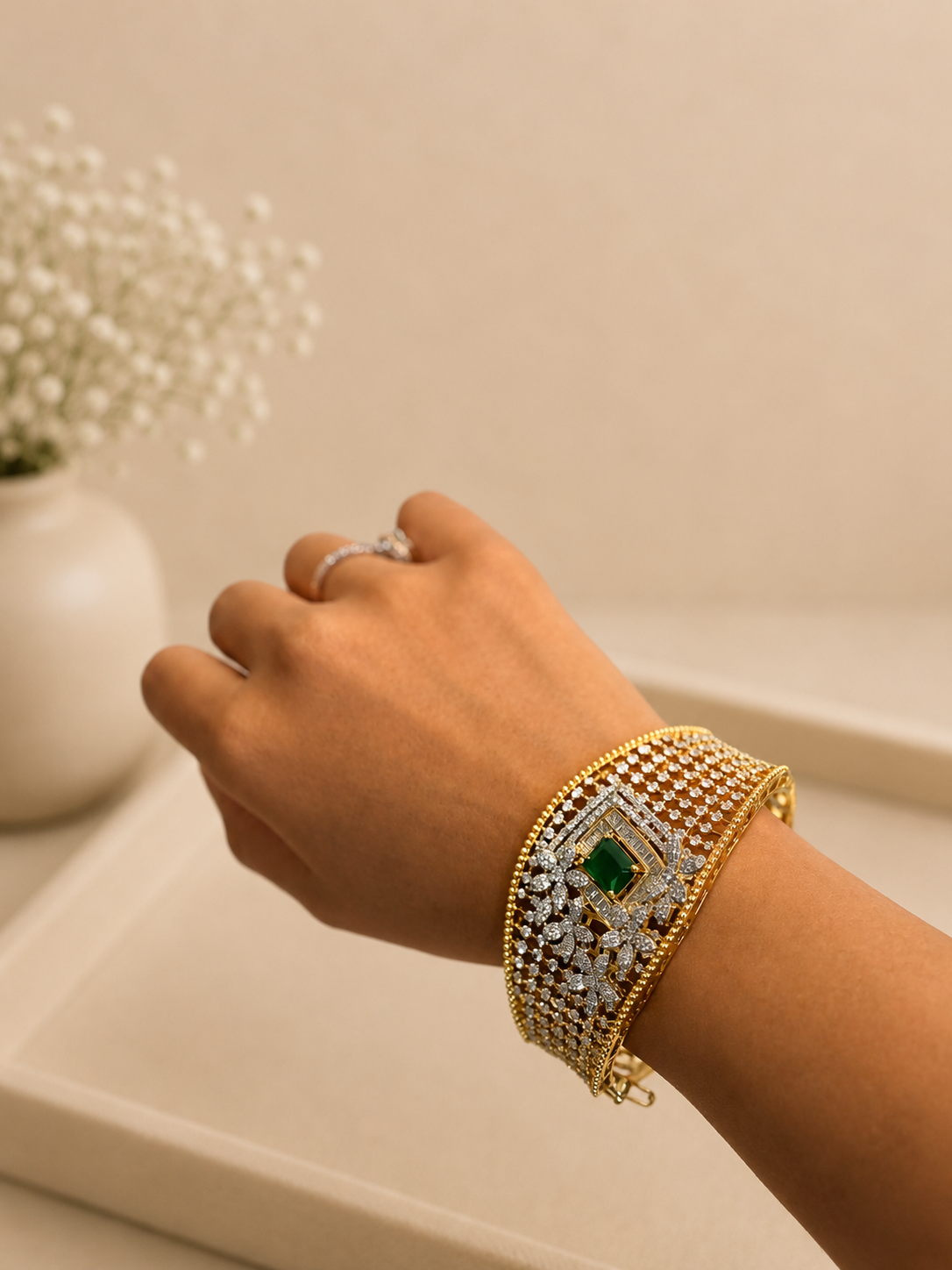 Emerald Royale Diamond Look Broad Kada Bracelet | Luxury Green Stone Statement Cuff