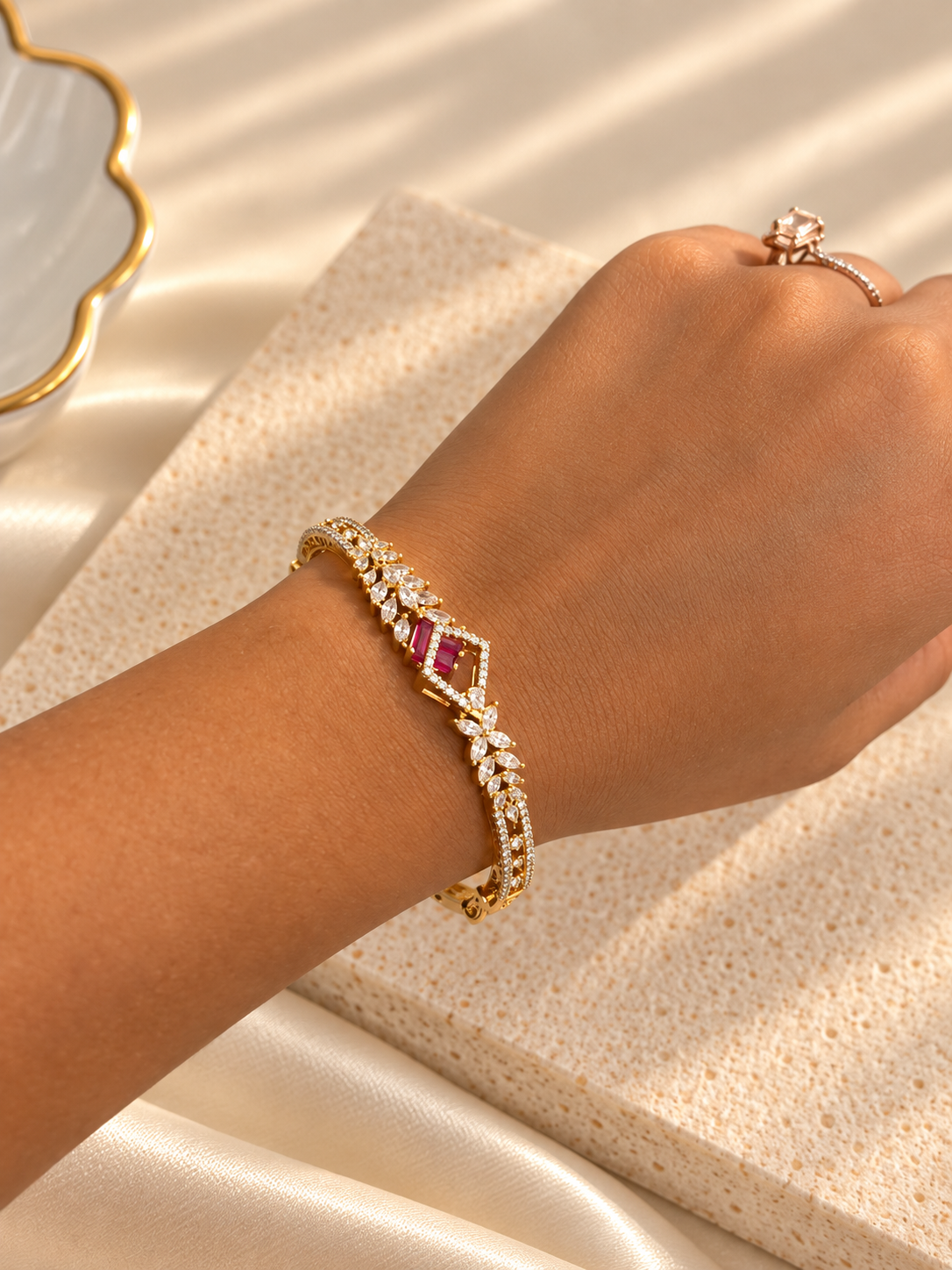 Ruby Diamond Look Gold Bracelet