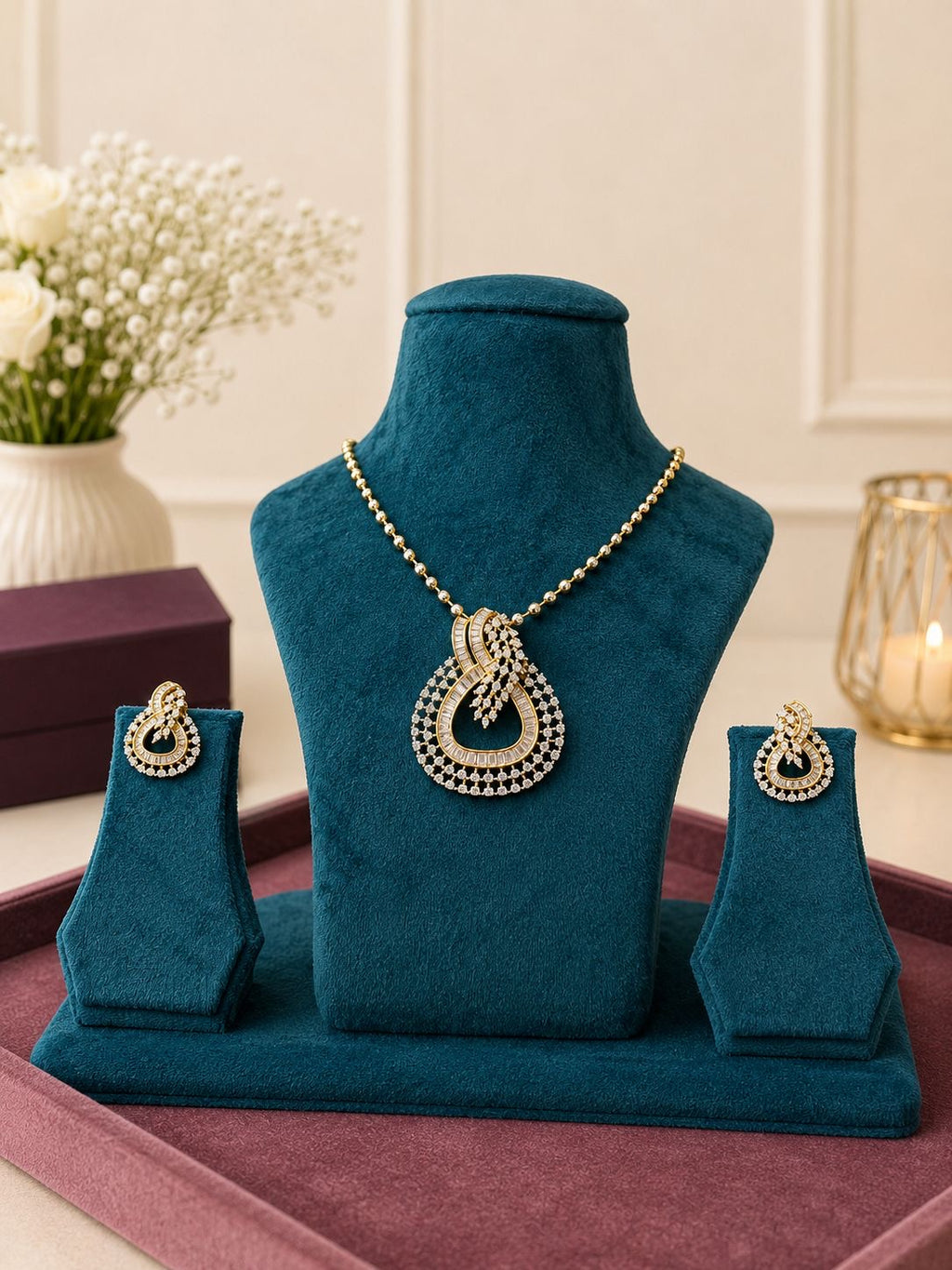 Diamond Teardrop Pendant Necklace Set