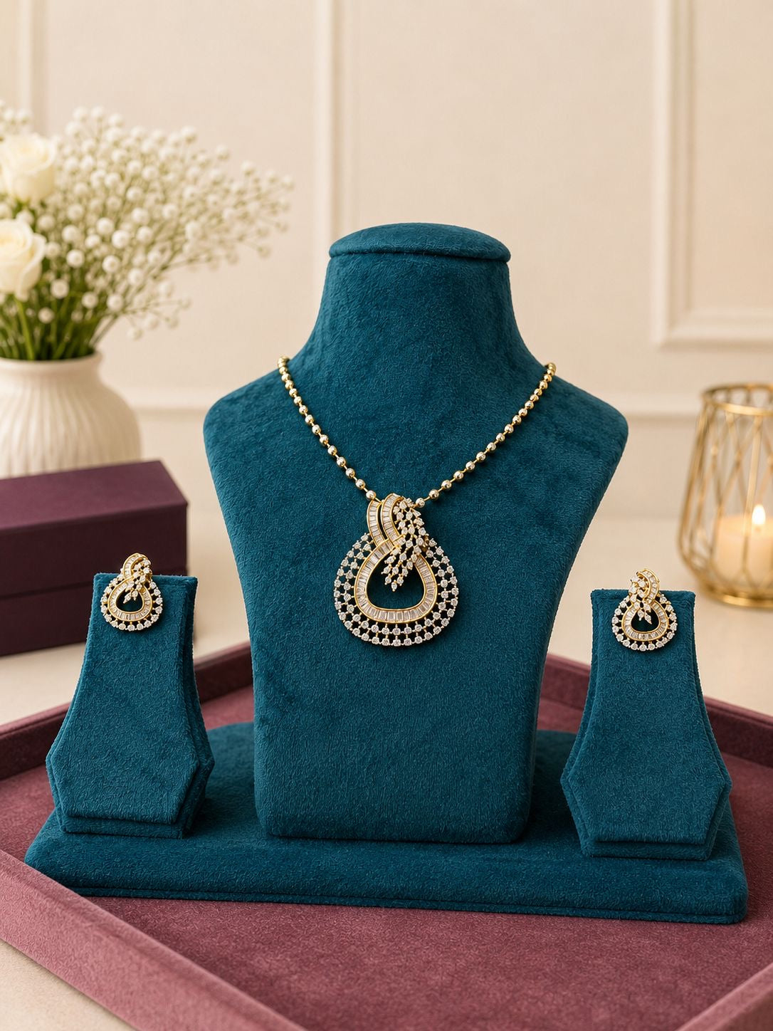 Diamond Teardrop Pendant Necklace Set