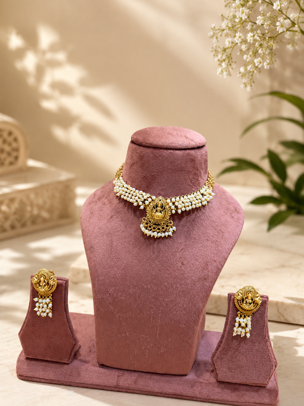 Temple Pearl Choker Necklace Set | Lakshmi Pendant Gold Finish Anti Tarnish Jewellery
