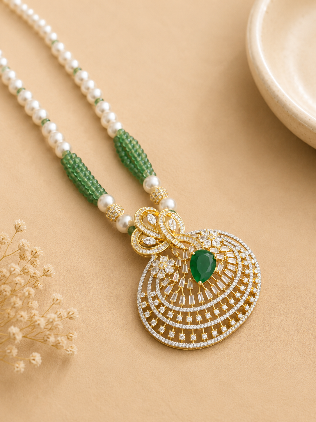 Emerald Green Beaded Pendant Necklace Set with Earrings | American Diamond Statement Jewellery