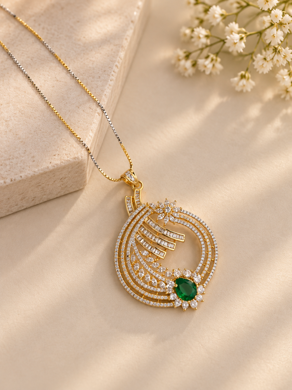Green Stone Gold Look Pendant Necklace Set