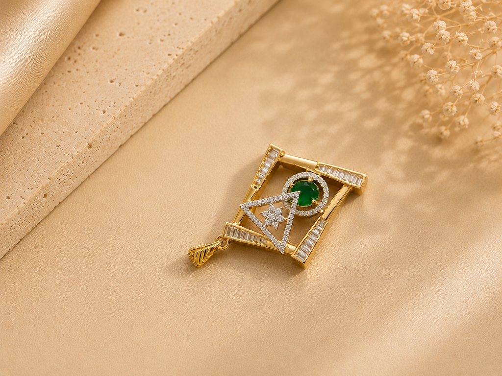 Geometric Emerald Green Pendant Set for Women