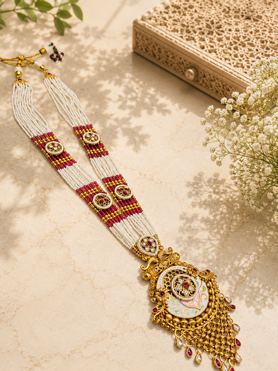 Antique Temple Enamel Pendant Necklace Set | White & Magenta Beaded Temple Jewellery | Anti Tarnish
