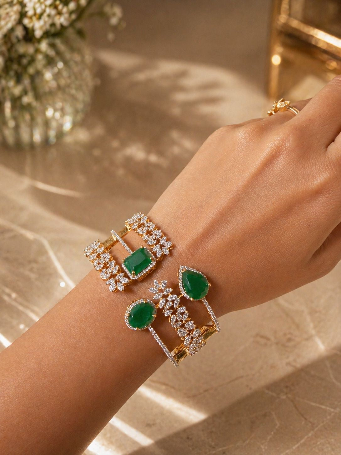 Green/Red Layer Gemstone Bracelet Set with Crystal Detailing