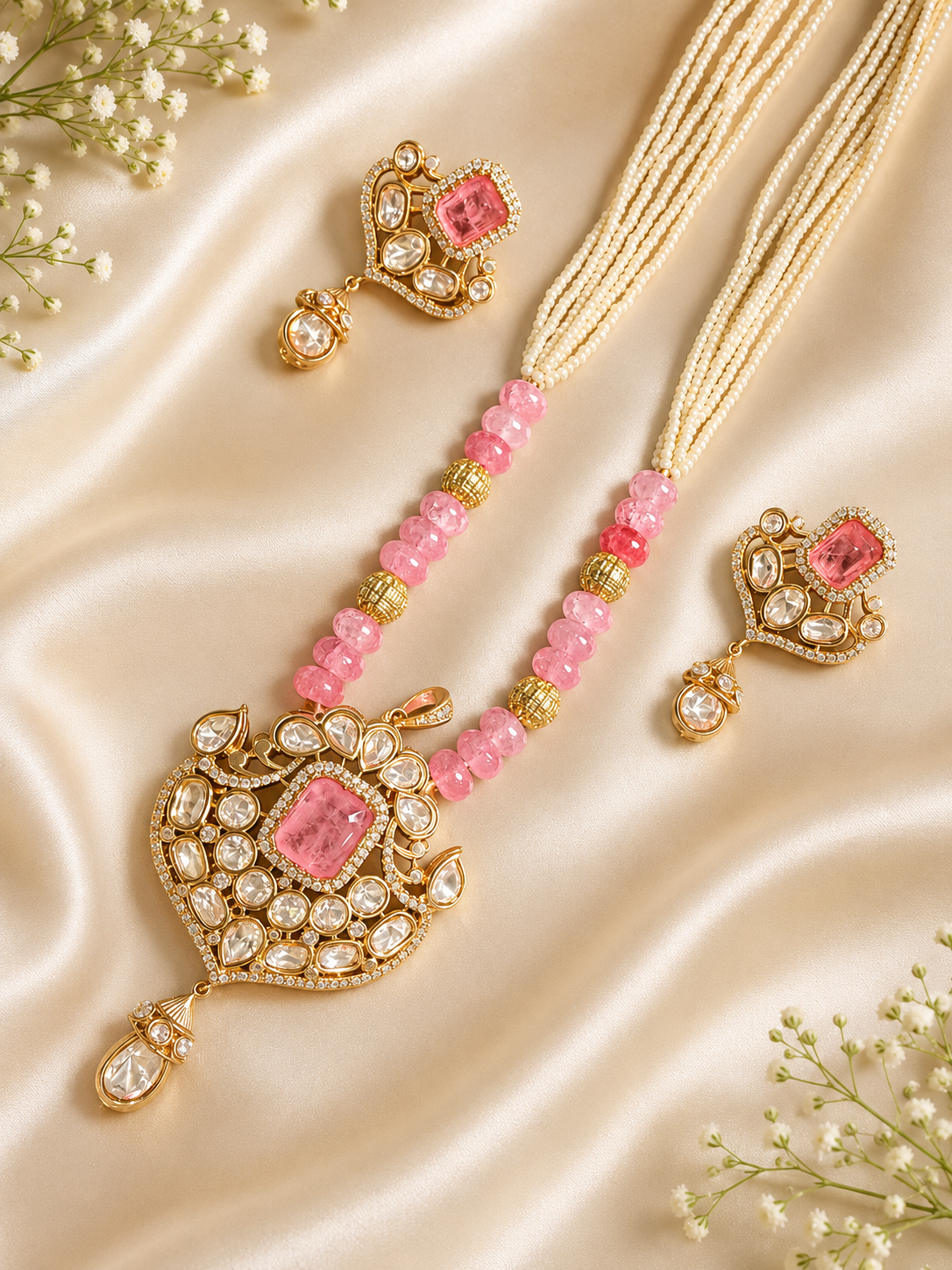 Pink Beaded Necklace Set with Kundan Pendant and Matching Earrings