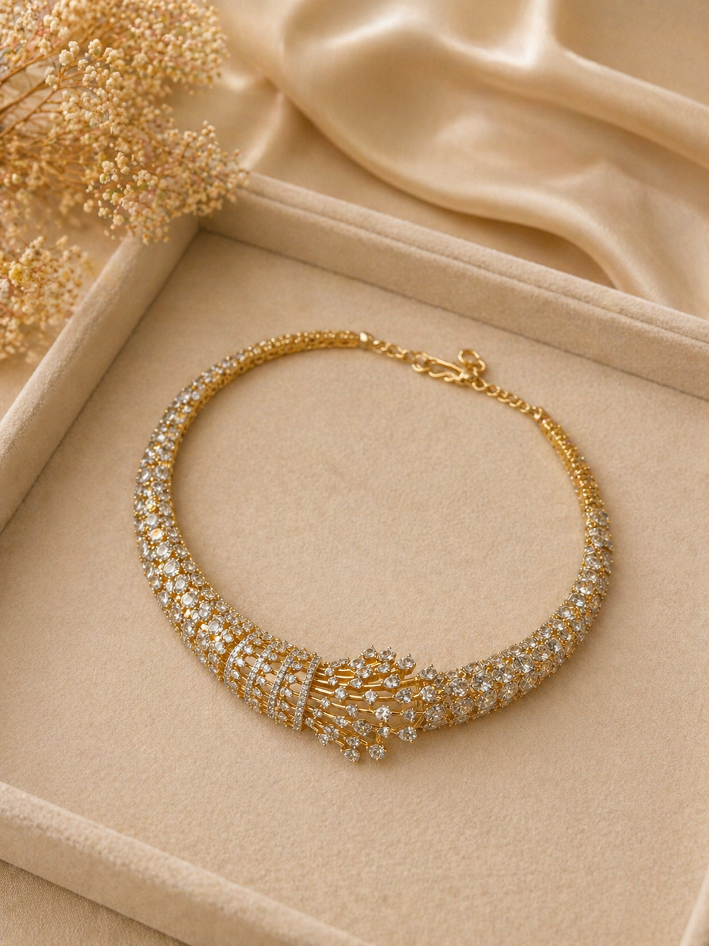Gold Plated American Diamond Choker Necklace Set with Statement Hoop Earrings
