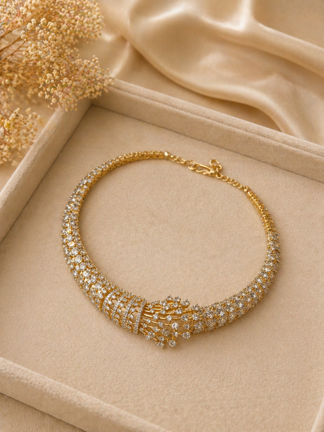 Gold Plated American Diamond Choker Necklace Set with Statement Hoop Earrings